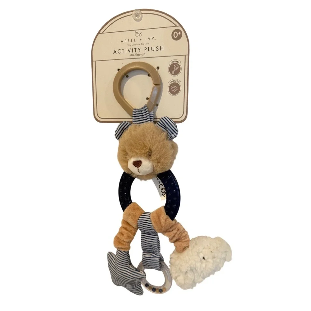 New Activity Plush Baby Bear On-The-Go Infant Sensory Rattle Crinkle Toy Blue
